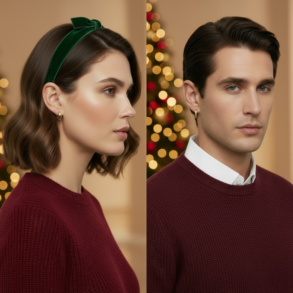 Christmas hero banner with woman and man wearing small square huggie hoop earrings