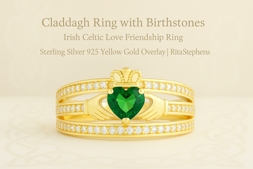 Celtic Claddagh <h3>claddagh ring with birthstones - irish celtic symbol of love, loyalty &amp; friendship</h3>
<p><span>authentic irish claddagh ring with personalized birthstones. 925 sterling silver with yellow gold overlay. celtic symbol of love, loyalty &amp; friendship. perfect promise ring, engagement ring, or irish heritage gift. hypoallergenic &amp; nickel-free.</span></p>
<p>embrace the timeless beauty of irish tradition with our authentic claddagh ring featuring personalized birthstones. this exq