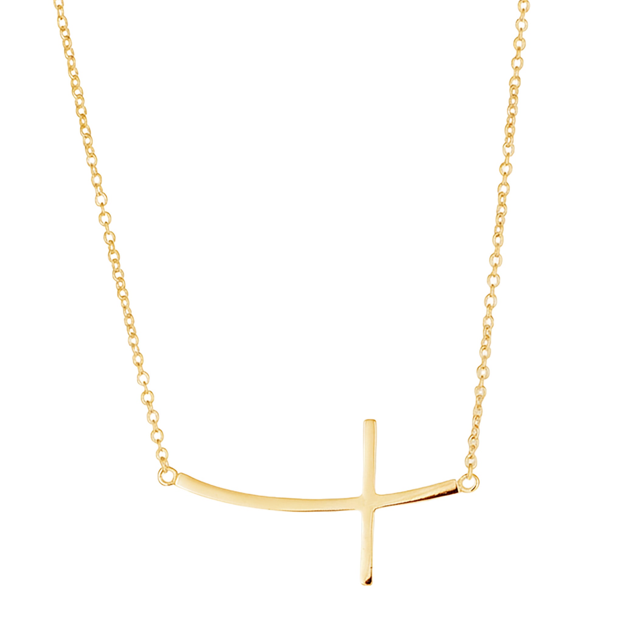 Curved Sideways Cross Necklace Adjustable 16"-18" Length 14K Gold Overlay Sterling Silver - Sterling Silver 925