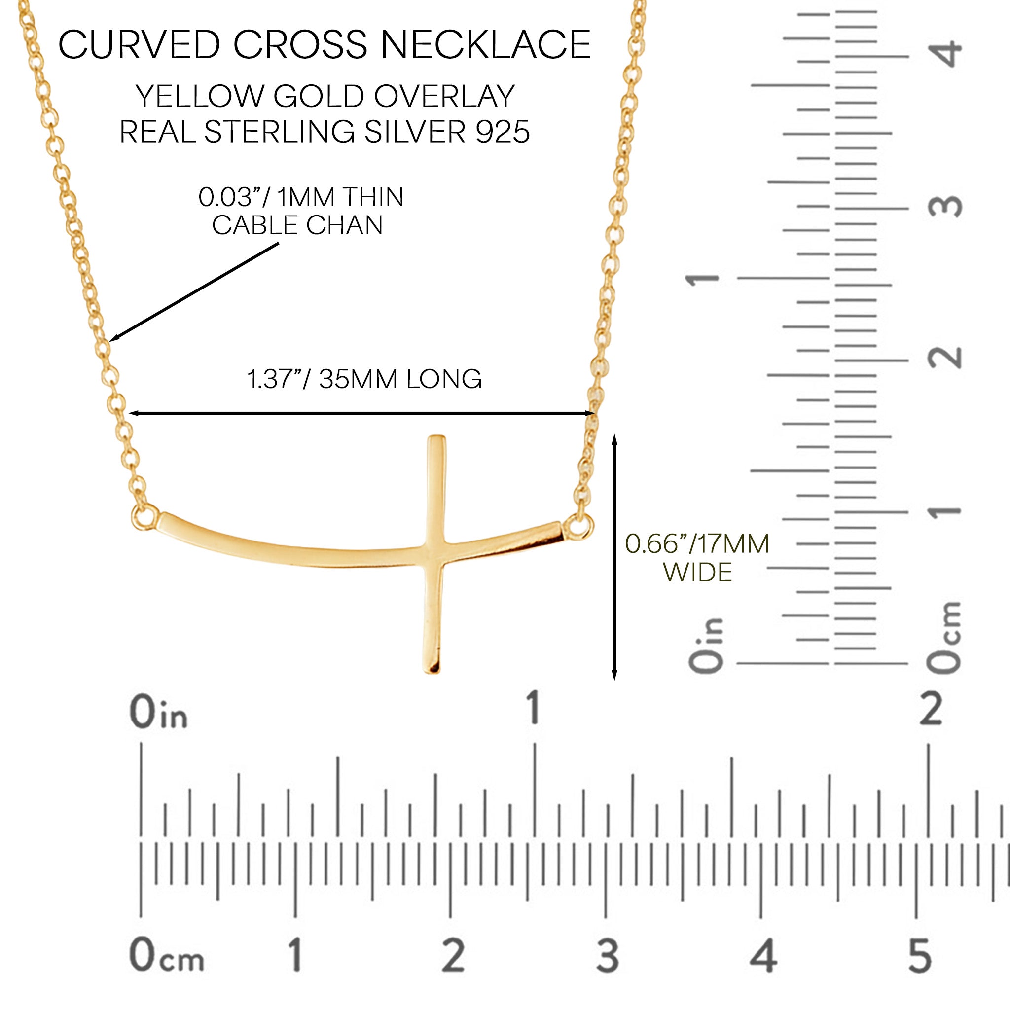 Curved Sideways Cross Necklace Adjustable 16"-18" Length 14K Gold Overlay Sterling Silver - Sterling Silver 925