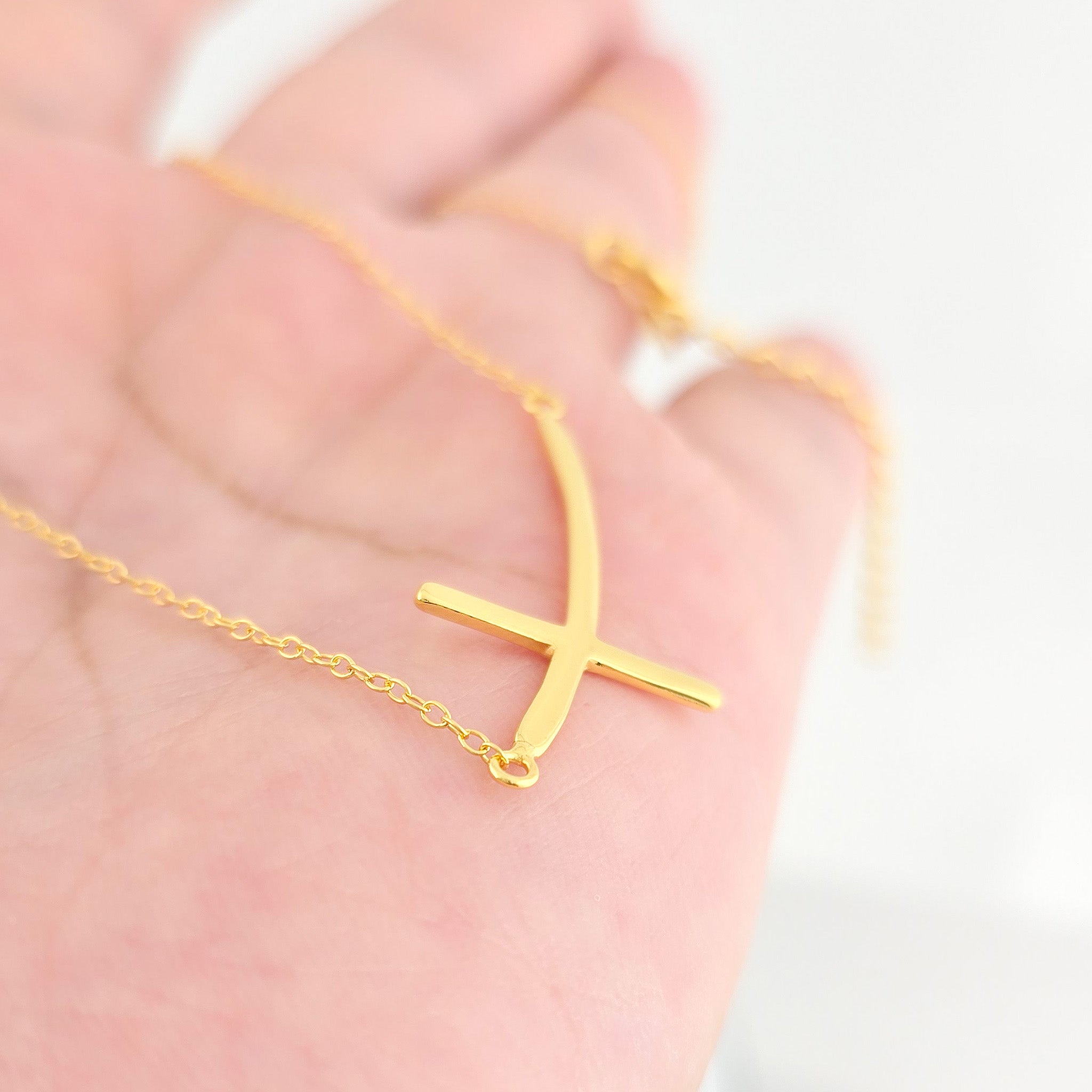 Curved Sideways Cross Necklace Adjustable 16"-18" Length 14K Gold Overlay Sterling Silver - Sterling Silver 925