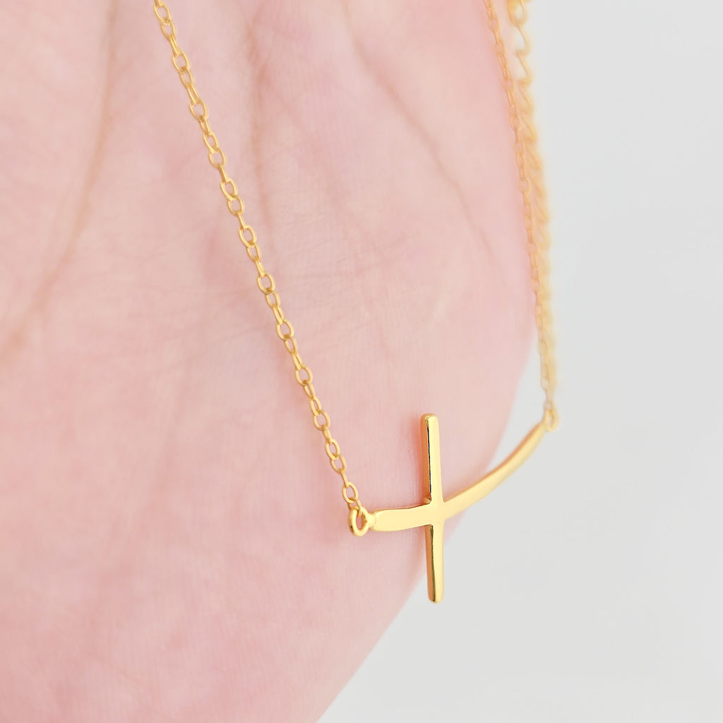 Curved Sideways Cross Necklace Adjustable 16"-18" Length 14K Gold Overlay Sterling Silver - Sterling Silver 925
