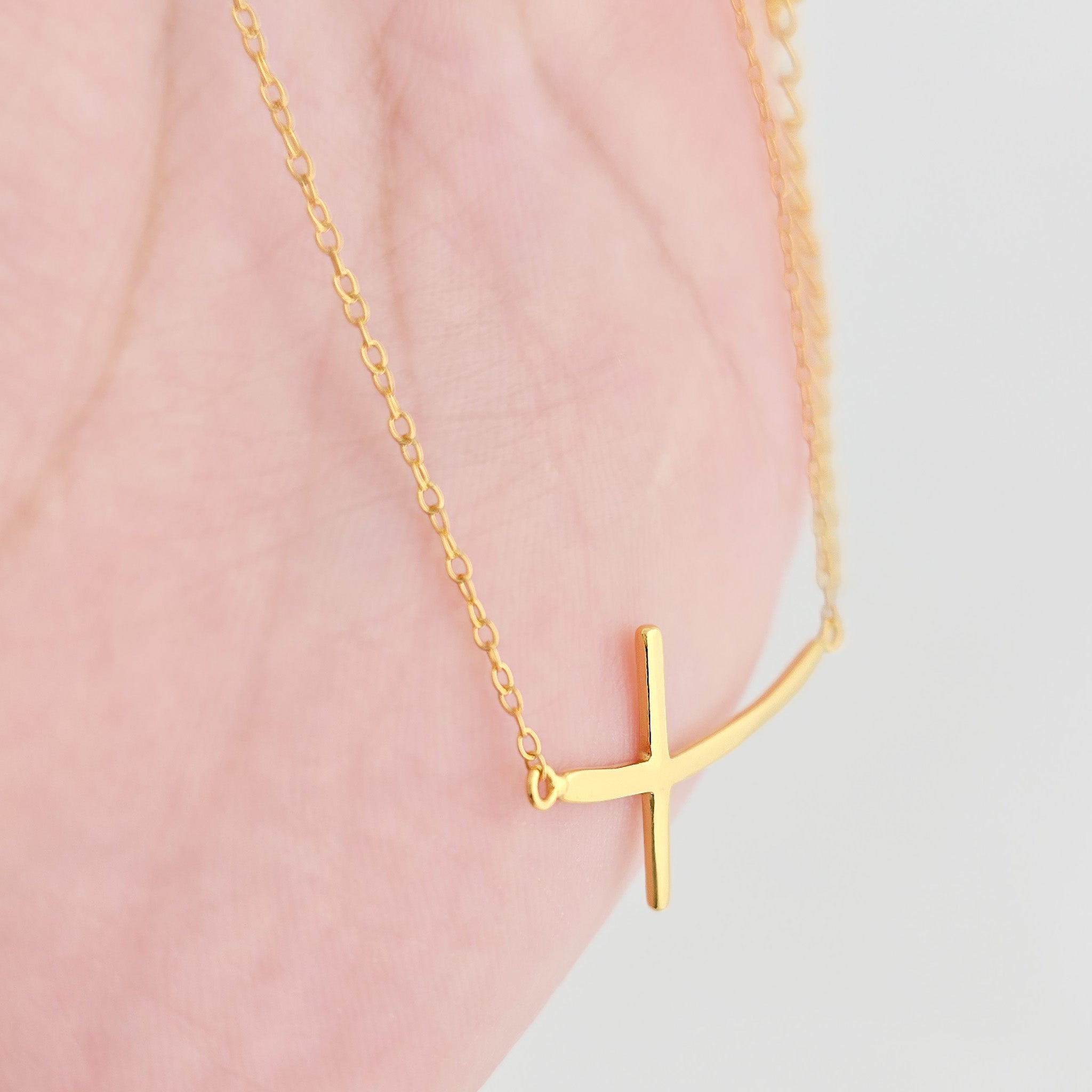 Curved Sideways Cross Necklace Adjustable 16"-18" Length 14K Gold Overlay Sterling Silver - Sterling Silver 925