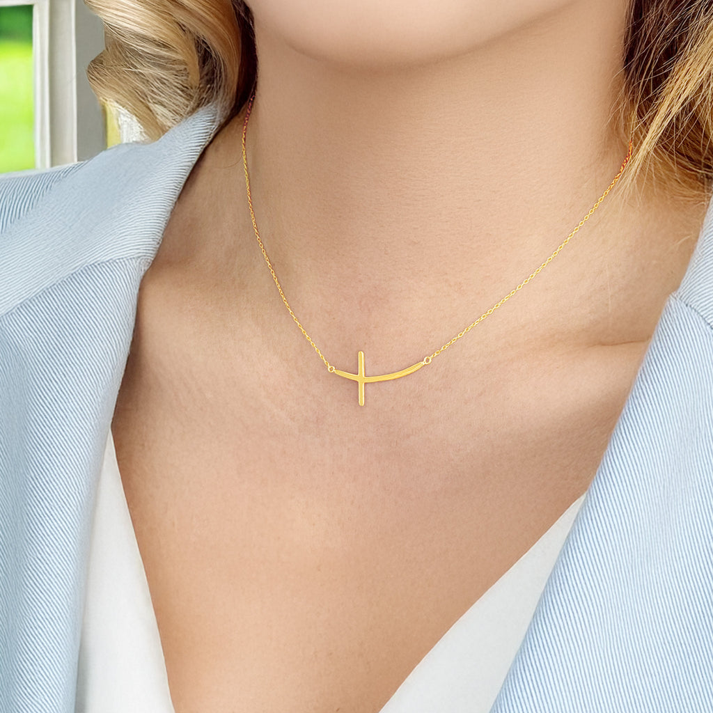 Curved Sideways Cross Necklace Adjustable 16"-18" Length 14K Gold Overlay Sterling Silver - Sterling Silver 925