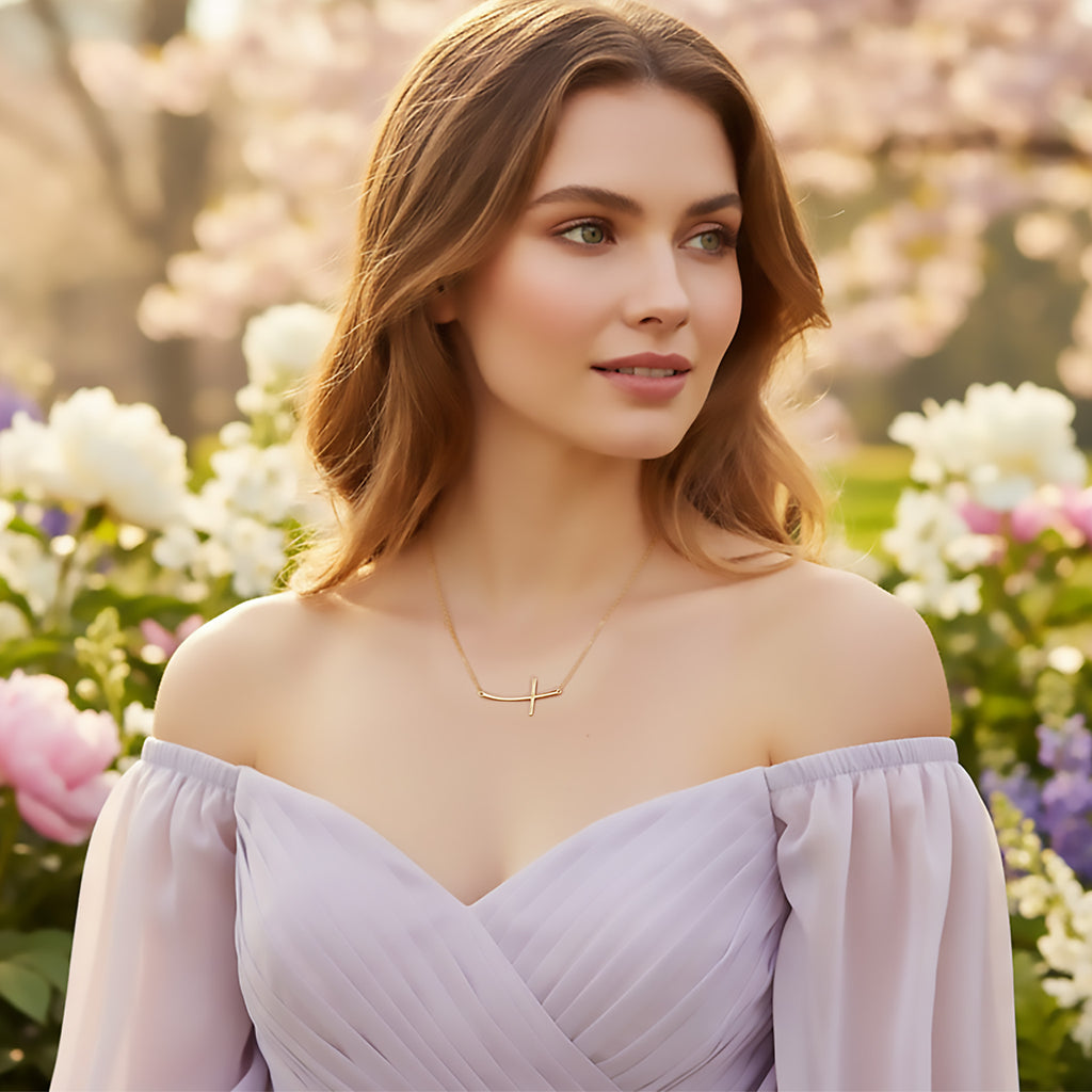 Curved Sideways Cross Necklace Adjustable 16"-18" Length 14K Gold Overlay Sterling Silver - Sterling Silver 925