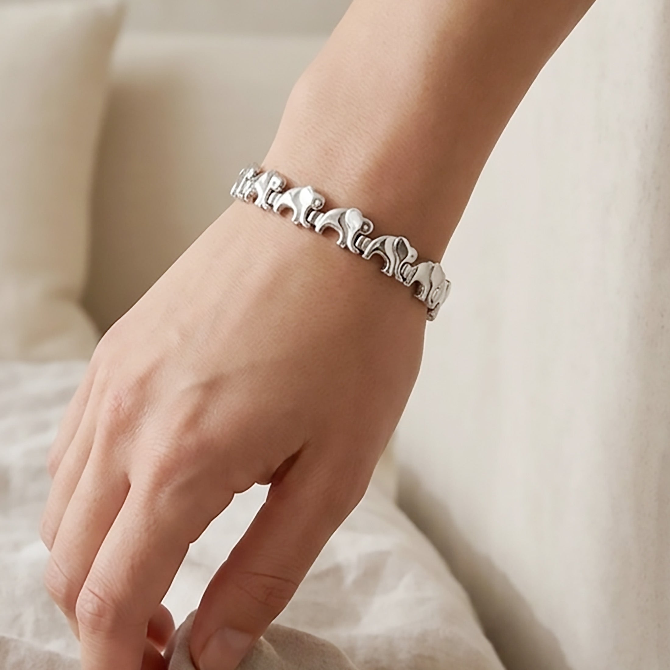 Stainless Steel Elephant Bracelet for Women, 7 Inch 11mm Wide Link Bracelet