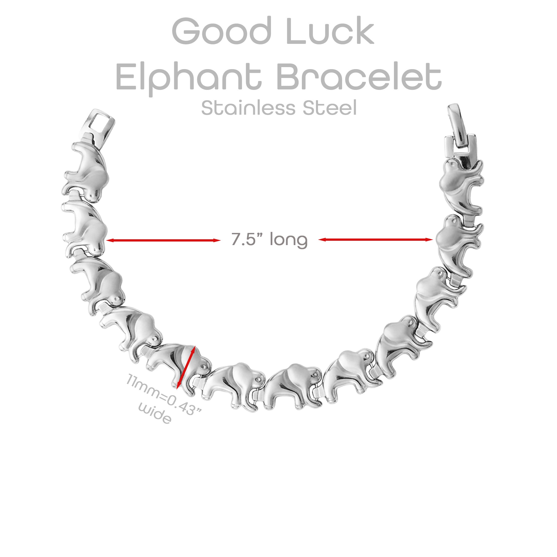 Stainless Steel Elephant Bracelet for Women, 7 Inch 11mm Wide Link Bracelet
