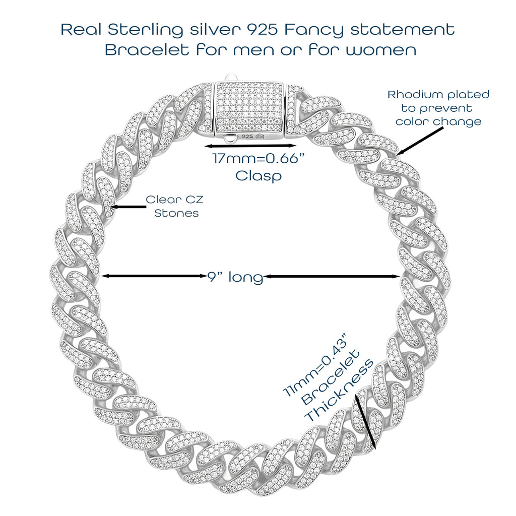 Luxurious 11mm Iced Out Cuban Link Bracelet - Real 925 Sterling Silver - Rhodium Plated - Dazzling Pave CZ Diamonds - Statement Piece for Men & Women