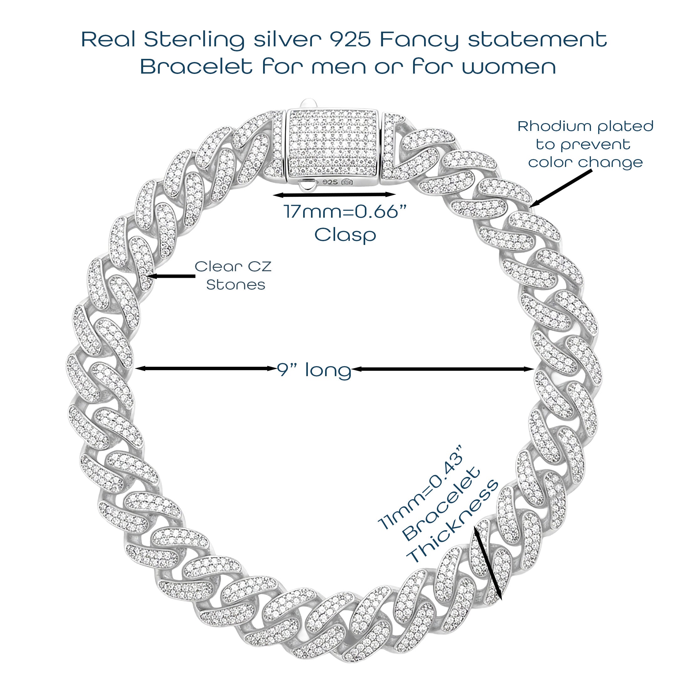 Luxurious 11mm Iced Out Cuban Link Bracelet - Real 925 Sterling Silver - Rhodium Plated - Dazzling Pave CZ Diamonds - Statement Piece for Men & Women