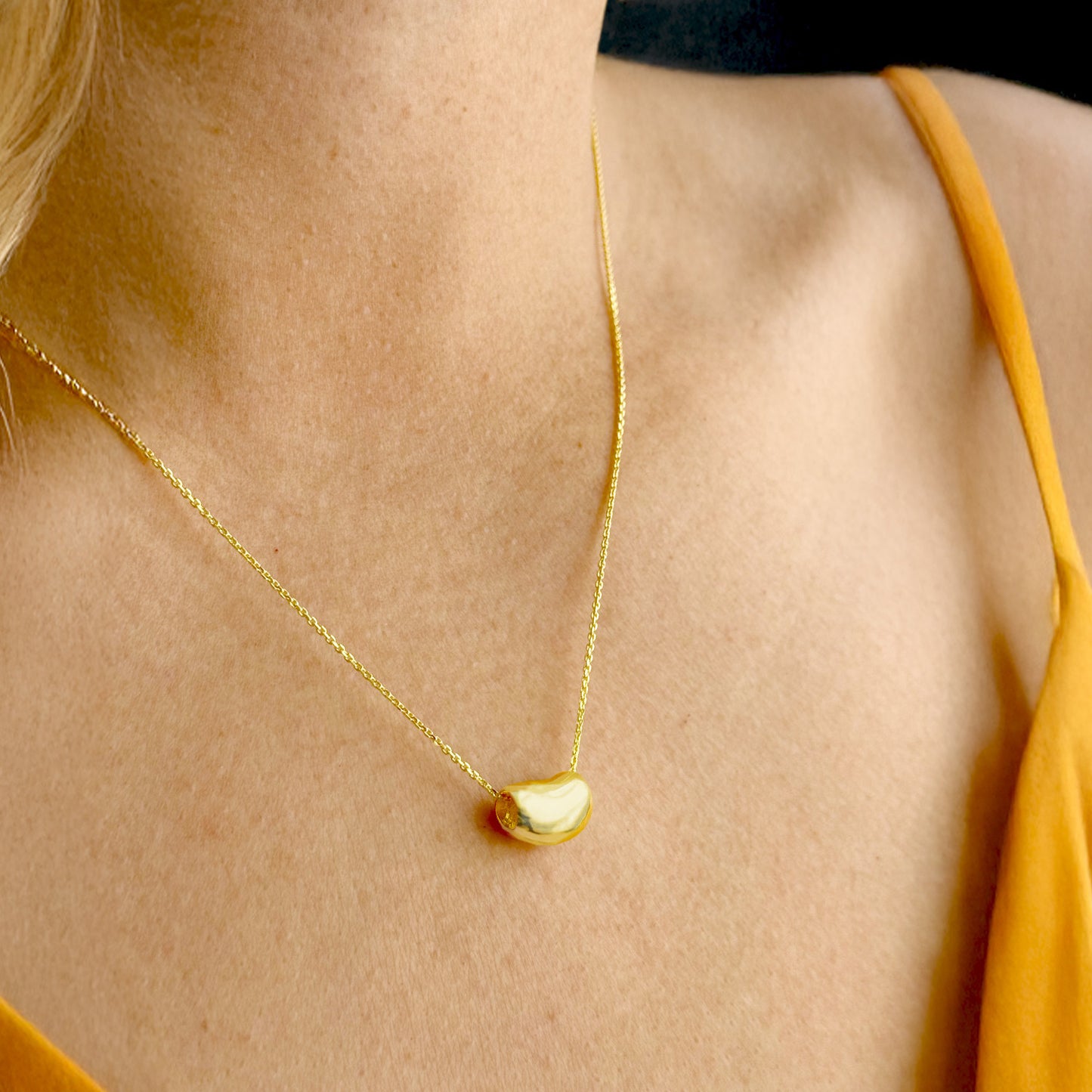 Kidney Bean Charm Necklace - Silver and Yellow Gold Overlay Sterling Silver 925 Minimalist Pendant 18 Inch Chain