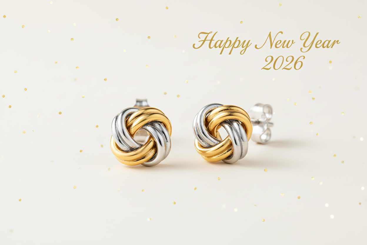 Happy New Year 2026 Banner with Love Knot Earrings