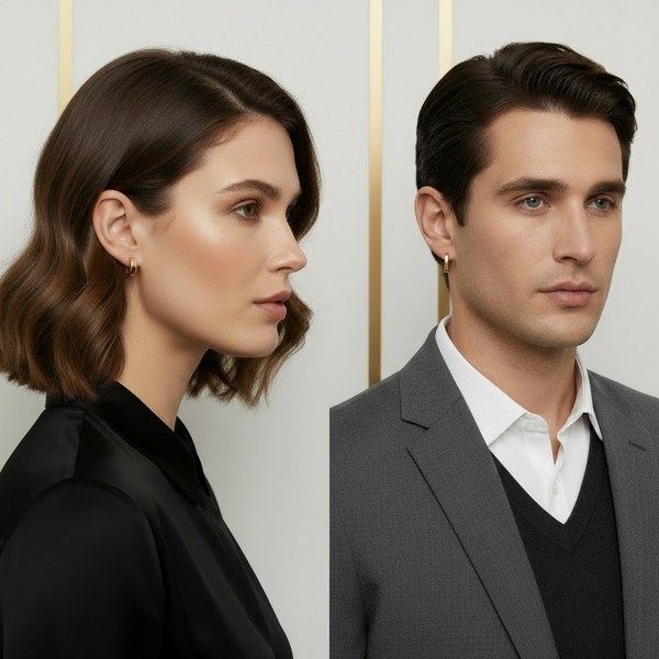 Hero banner with woman and man wearing extremely small square huggie hoop earrings