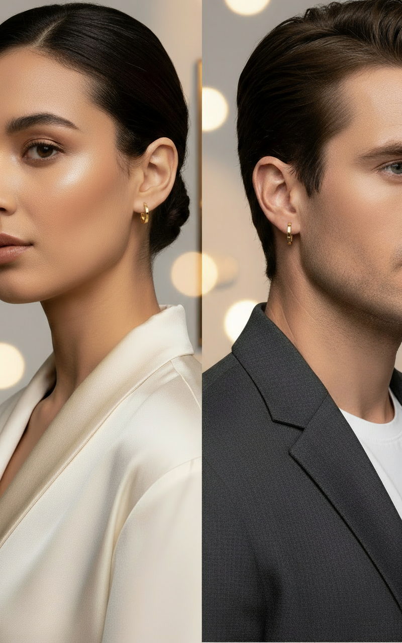 Hero banner with woman and man wearing incredibly small yellow gold square huggie hoop earrings