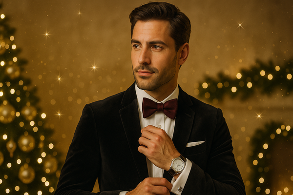 Holiday banner featuring a well-dressed gentleman in elegant holiday attire with sterling silver jewelry, sophisticated styling with warm holiday lighting and luxurious gold and silver tones