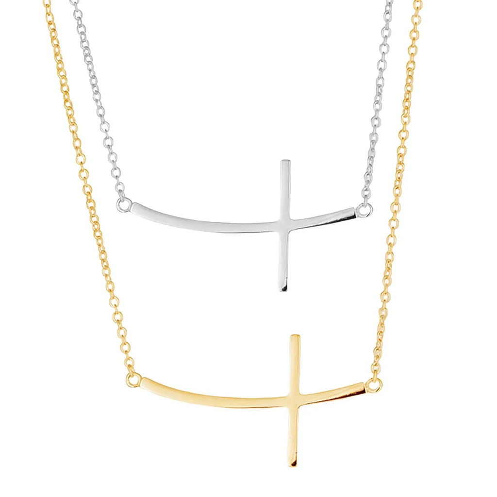 Sideways Curved Cross Necklace Real Sterling Silver 295 Adjustable 16-18" yellow Gold overlay on real Silver-Gift ready