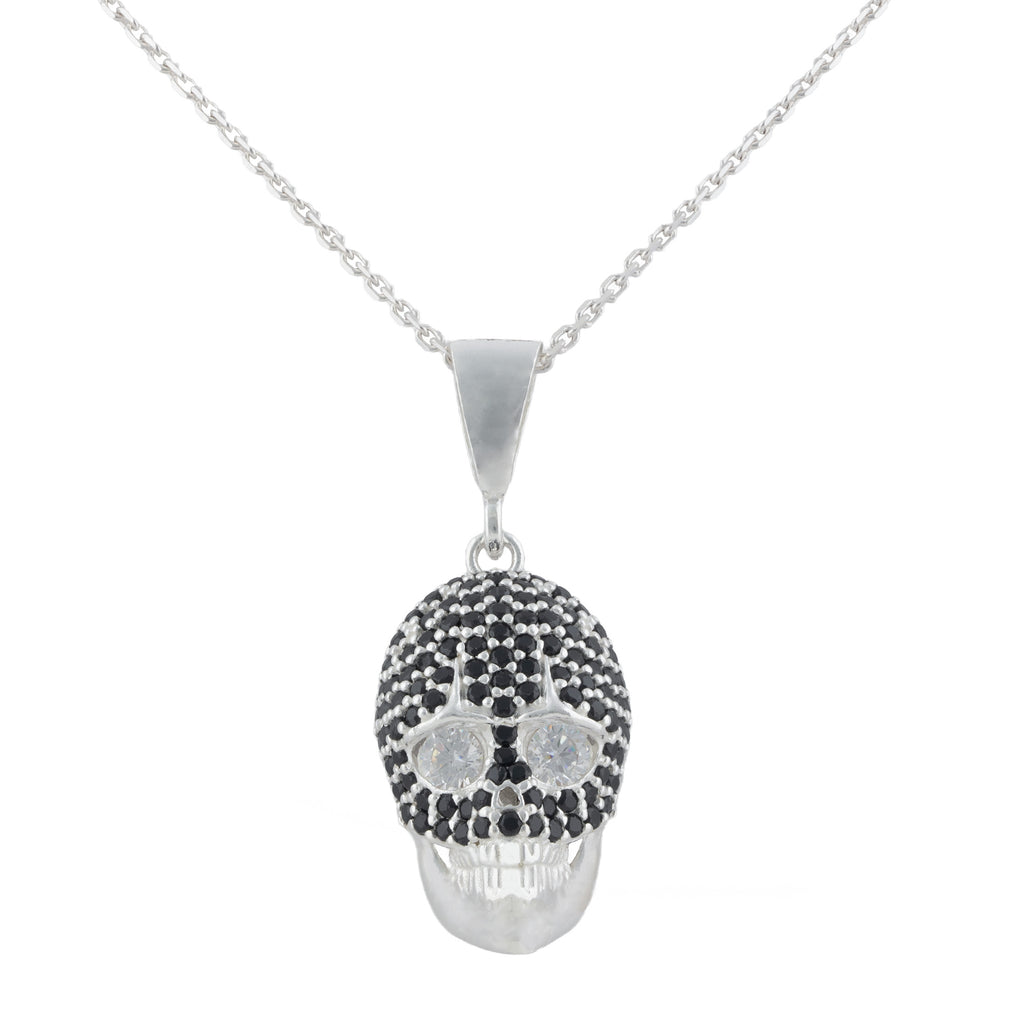 925 Sterling Silver Skull Pendant Necklace with Black CZ
