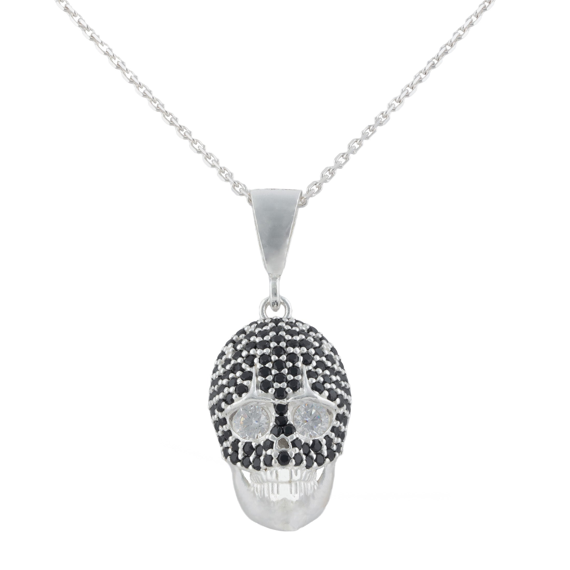 925 Sterling Silver Skull Pendant Necklace with Black CZ