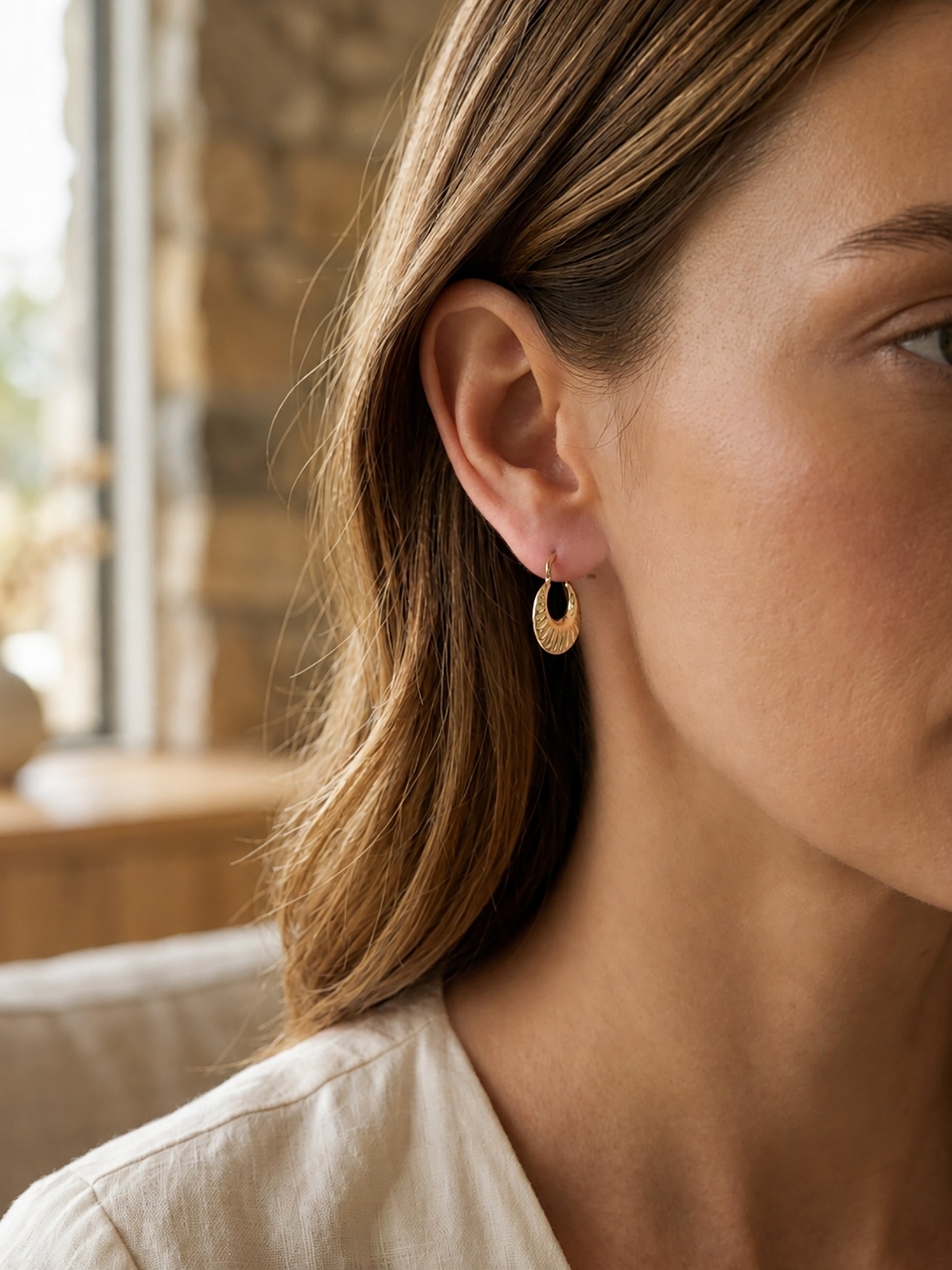 14K Real Gold Shrimp Hoop Earrings – Textured Yellow Gold Hoops
