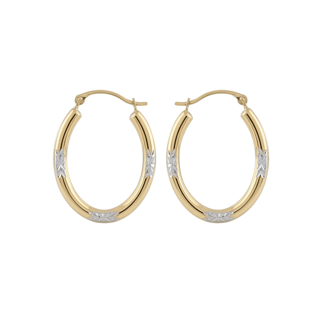 14K Gold Floral Hoop Earrings | 25 mm Oval Hinged Gold Hoops