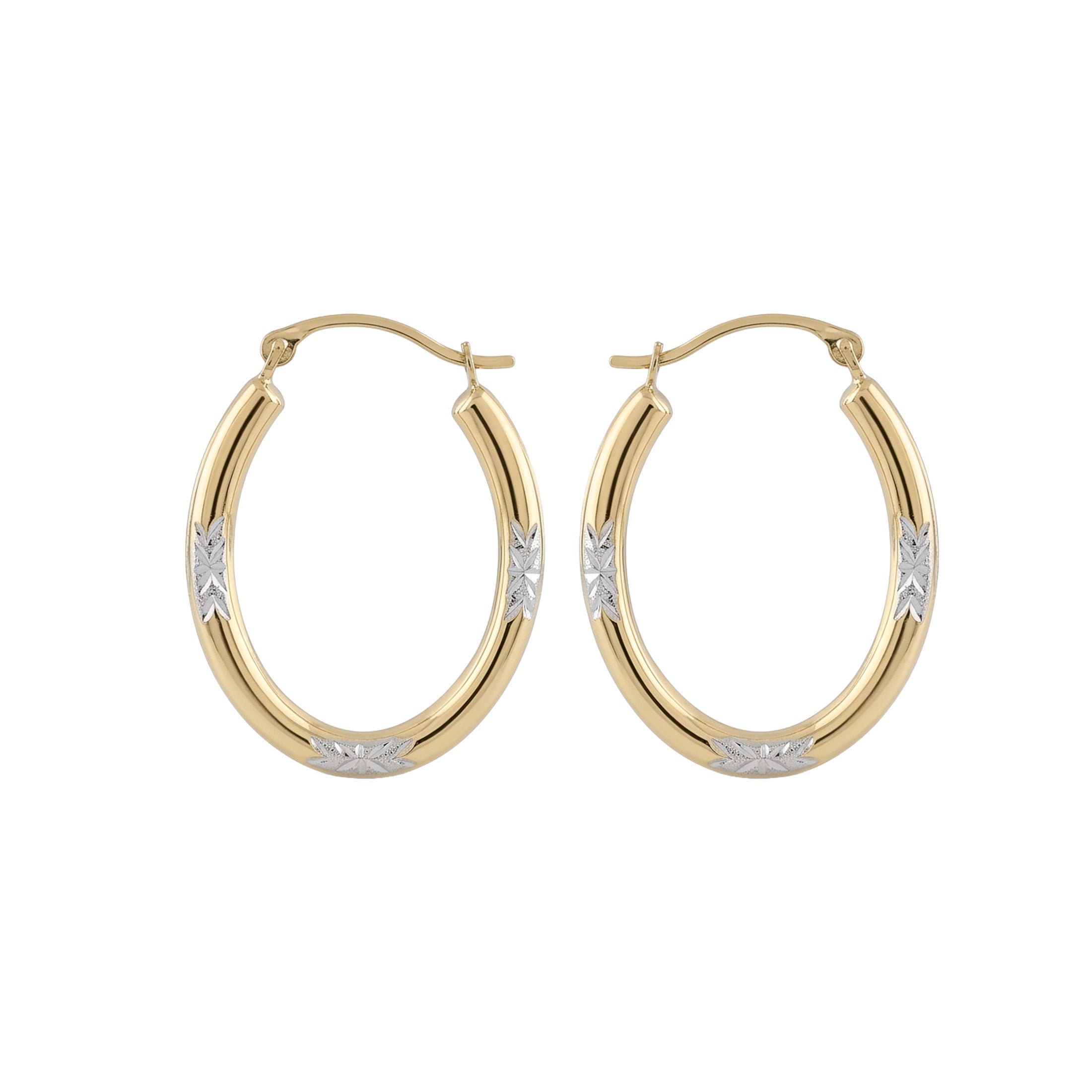 14K Gold Floral Hoop Earrings | 25 mm Oval Hinged Gold Hoops