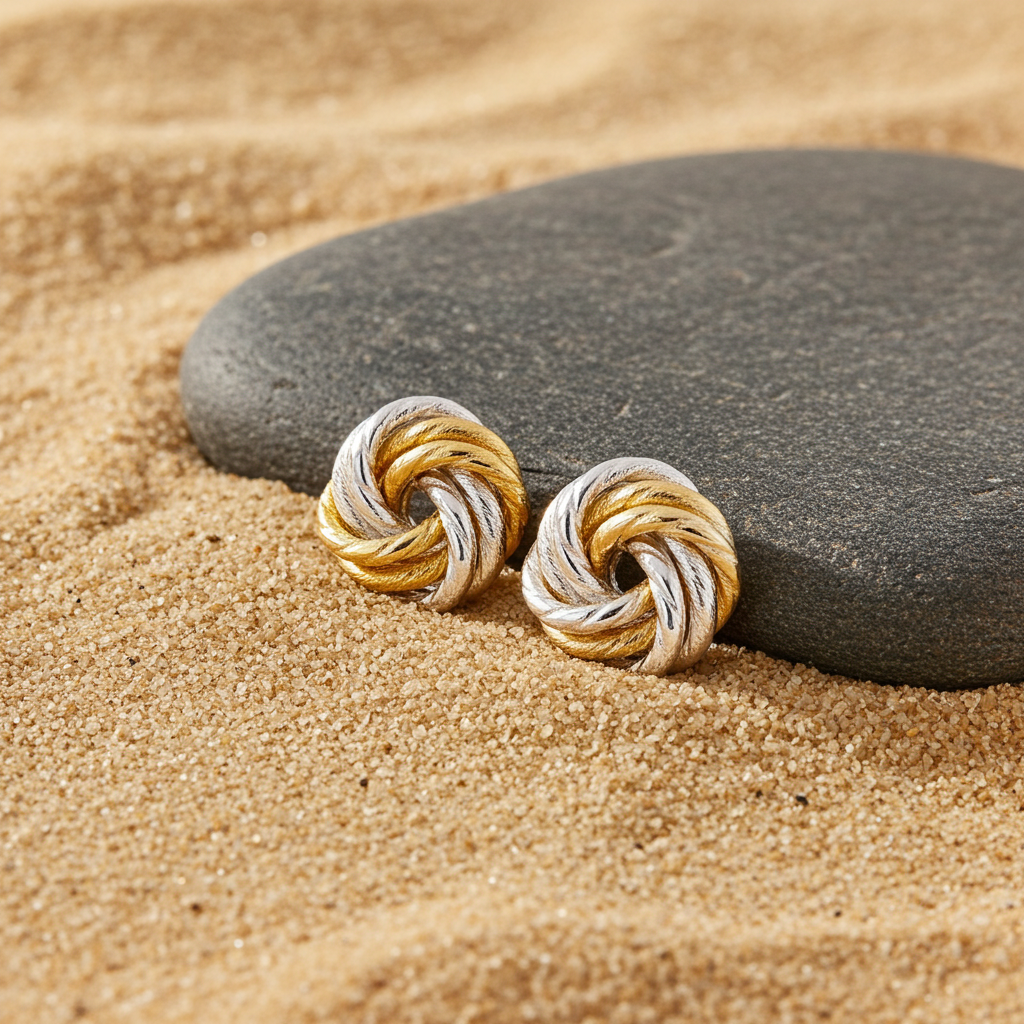Two-Tone Sterling Silver Knot Stud Earrings, Twisted Gold and Silver Design