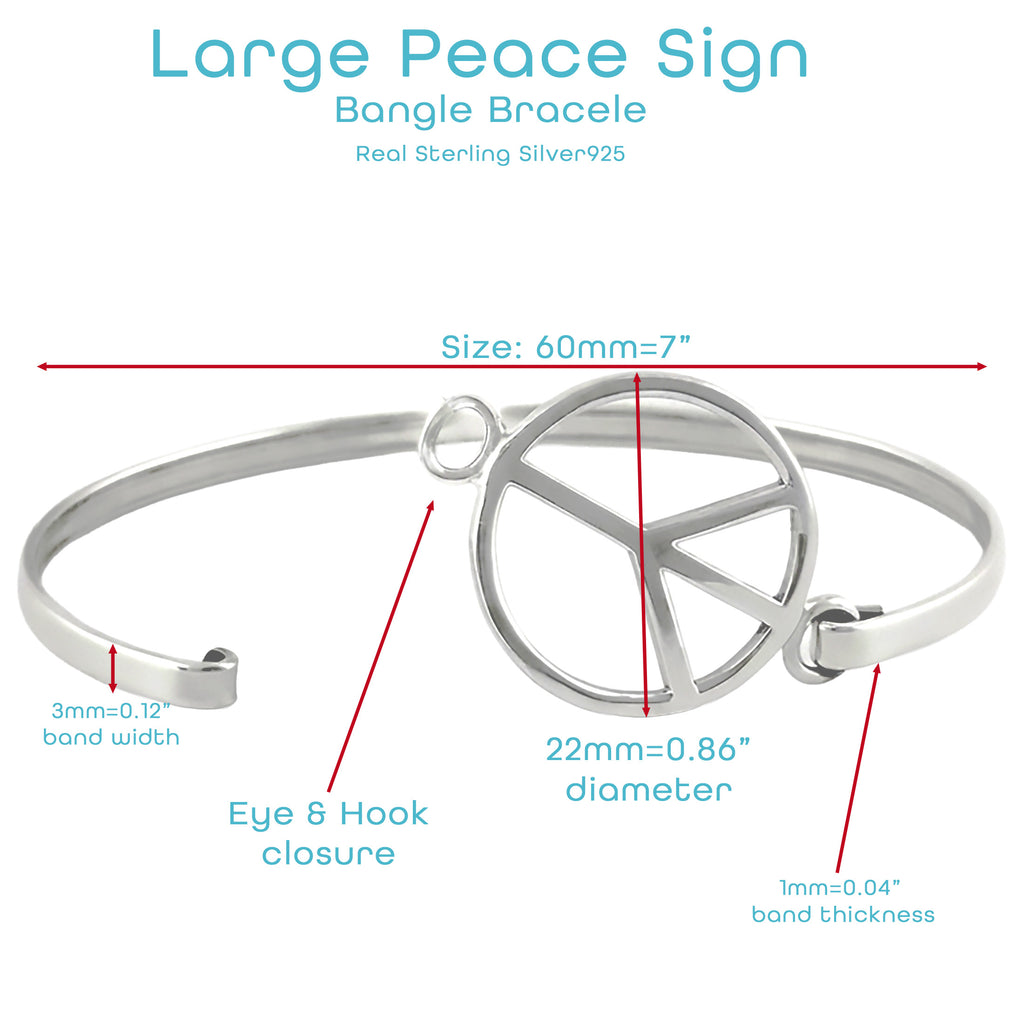925 Sterling Silver Peace Sign Bangle Bracelet