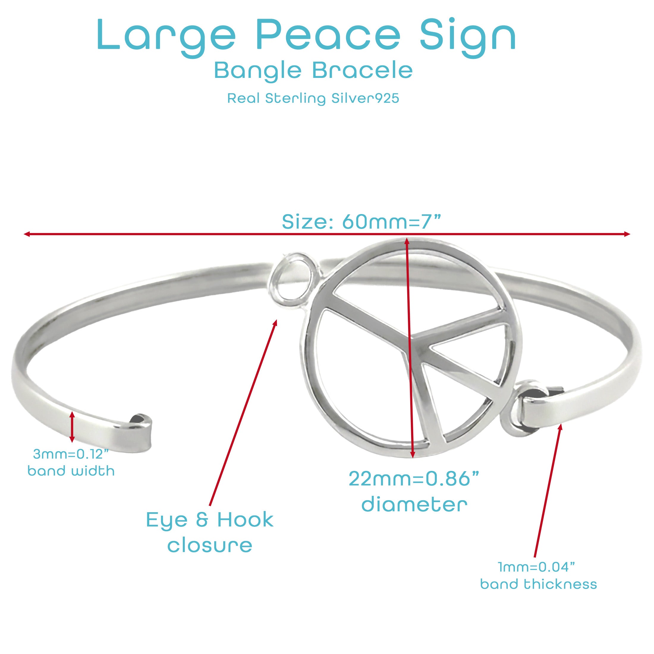 925 Sterling Silver Peace Sign Bangle Bracelet