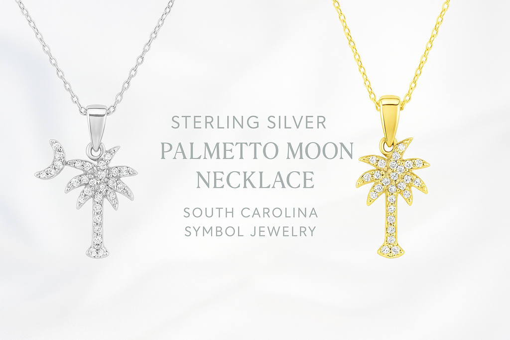 <h2>sterling silver palmetto moon necklace - south carolina pride</h2><p>celebrate your south carolina heritage with this stunning <strong>sterling silver palmetto moon necklace</strong> featuring brilliant cubic zirconia stones. this elegant piece showcases the iconic palmetto tree and crescent moon symbols of the palmetto state.</p><h3>key features:</h3><ul>
<li>
<strong>genuine 925 sterling silver</strong> - hypoallergenic and tarnish-resistant</li>
<li>
<strong>sparkling cubic zirconia</strong> - brilli