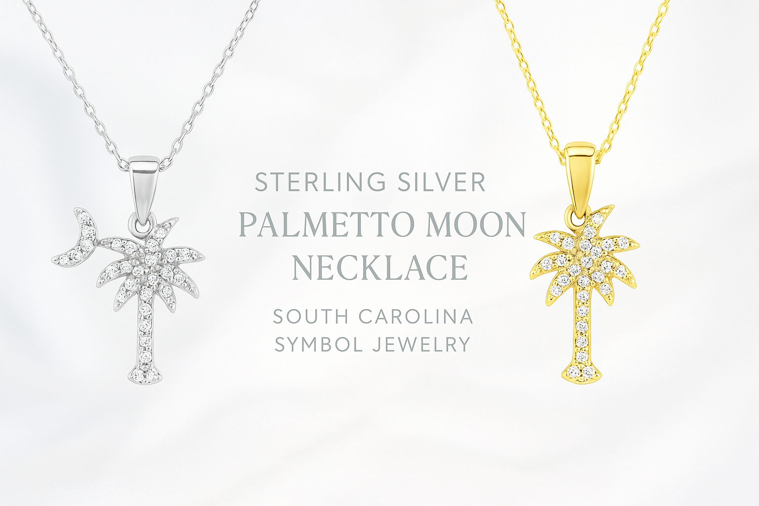 <h2>sterling silver palmetto moon necklace - south carolina pride</h2><p>celebrate your south carolina heritage with this stunning <strong>sterling silver palmetto moon necklace</strong> featuring brilliant cubic zirconia stones. this elegant piece showcases the iconic palmetto tree and crescent moon symbols of the palmetto state.</p><h3>key features:</h3><ul>
<li>
<strong>genuine 925 sterling silver</strong> - hypoallergenic and tarnish-resistant</li>
<li>
<strong>sparkling cubic zirconia</strong> - brilli
