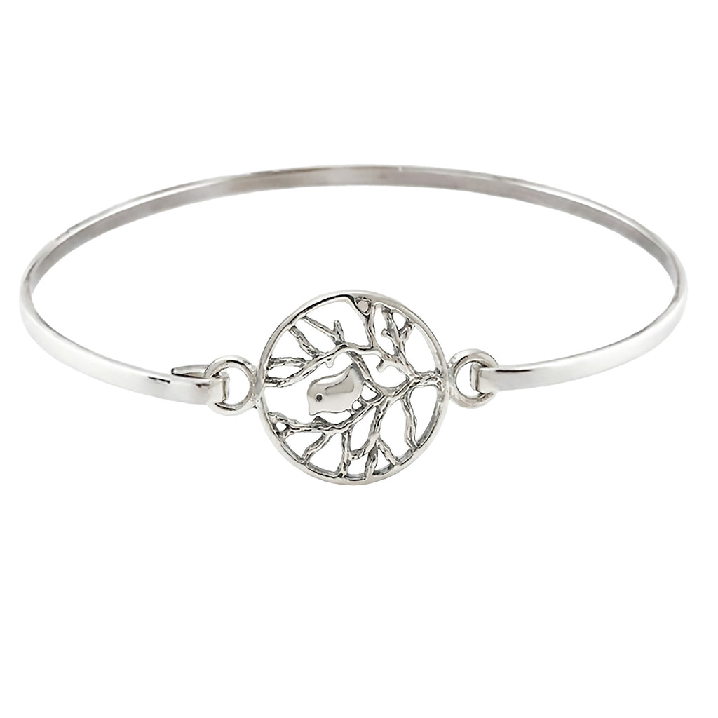 Little Bird on Branch 925 Sterling Silver Bangle Bracelet