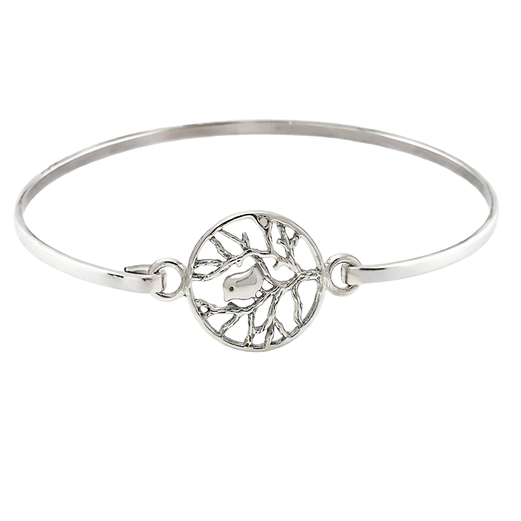 Little Bird on Branch 925 Sterling Silver Bangle Bracelet