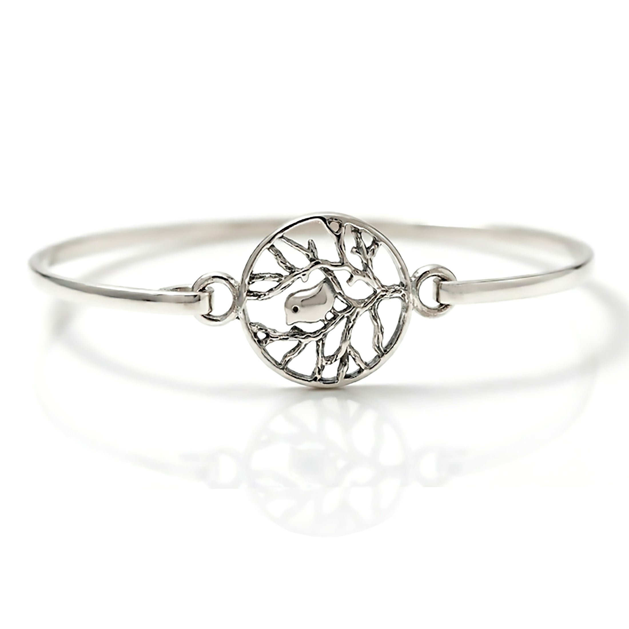 Little Bird on Branch 925 Sterling Silver Bangle Bracelet