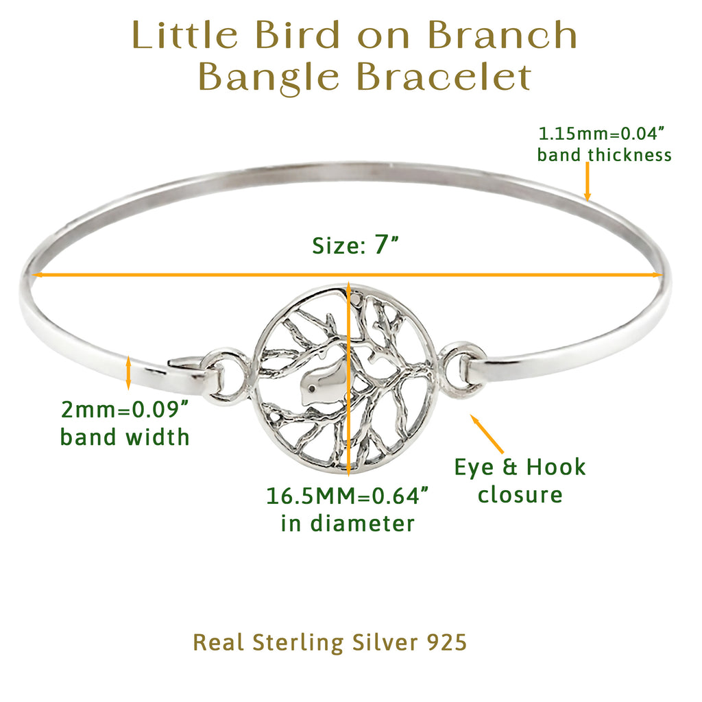 Little Bird on Branch 925 Sterling Silver Bangle Bracelet
