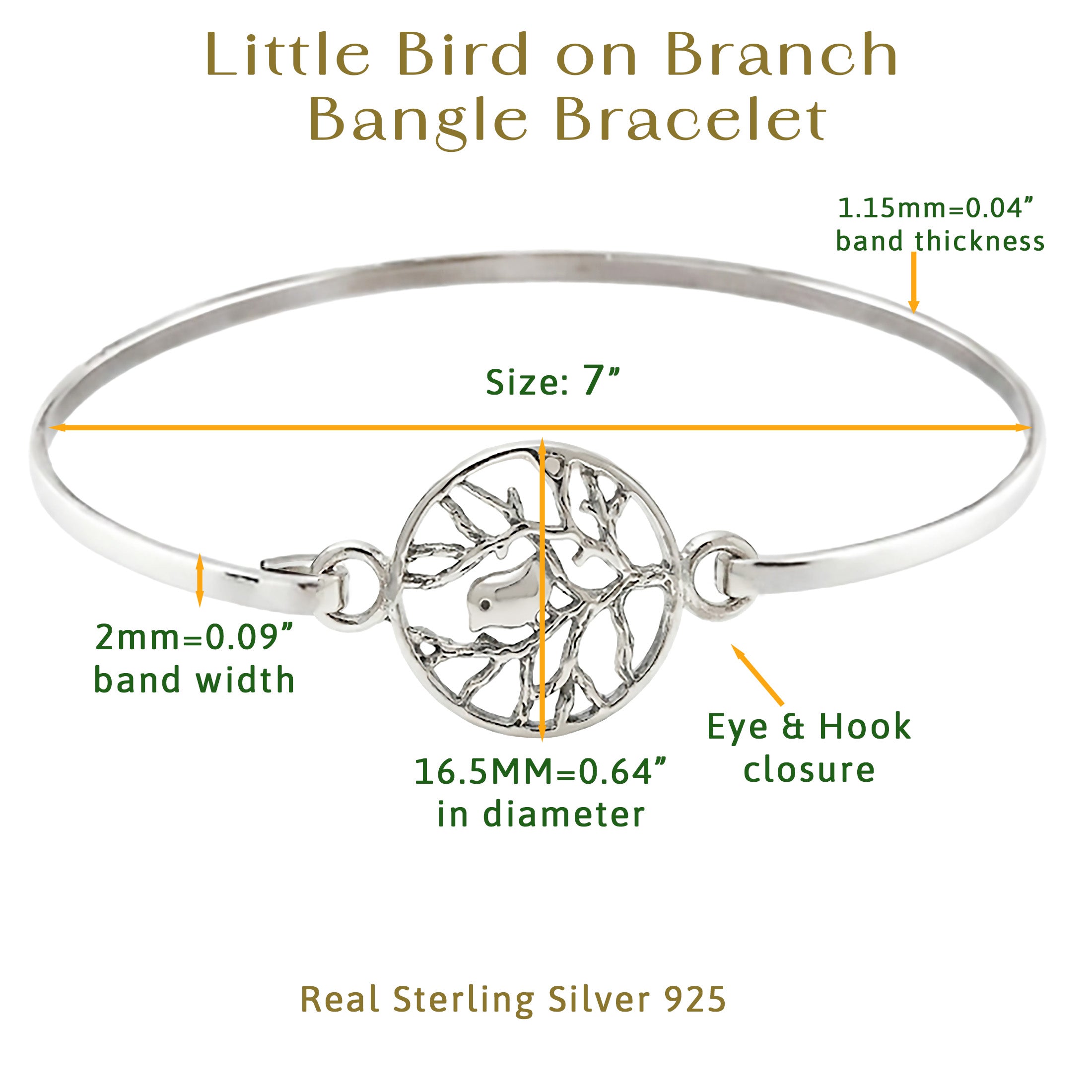 Little Bird on Branch 925 Sterling Silver Bangle Bracelet
