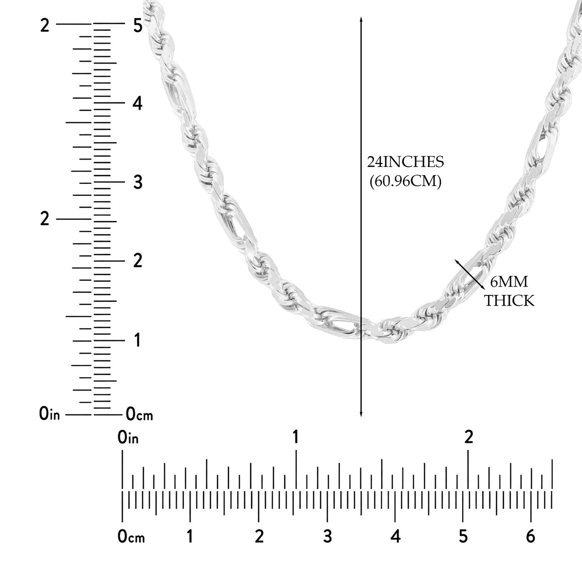 Men Necklace Real 925 Sterling Silver Figarope Chain Necklace, 6mm, 22 or 24 Inches