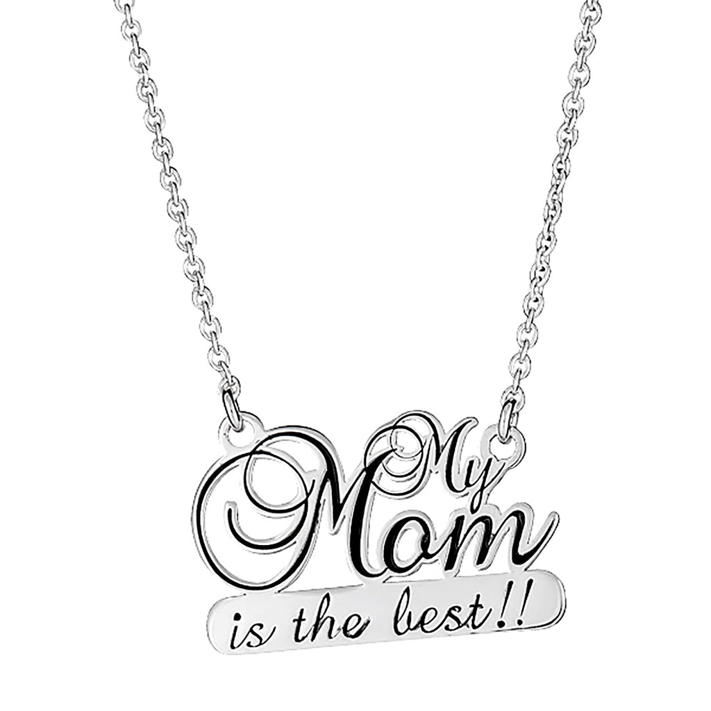 <p>show your mother how much you cherish her with this elegant sterling silver necklace featuring the heartfelt message 'my mom is the best!!' the pendant showcases beautiful script lettering crafted in genuine 925 sterling silver with a lustrous rhodium finish that adds extra brilliance. this versatile necklace includes an adjustable chain that can be worn at lengths between 16 to 18 inches, ensuring a perfect fit for any style preference. the delicate chain and sentimental pendant design make this piece a