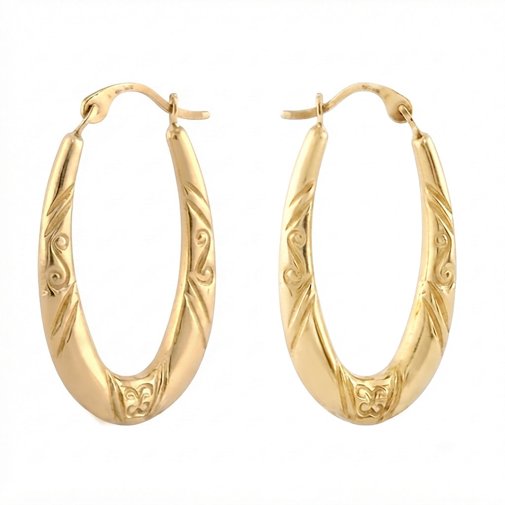 Real 10K Yellow Gold Oval Hoop Earrings | Engraved Swirl Design | 23mm
