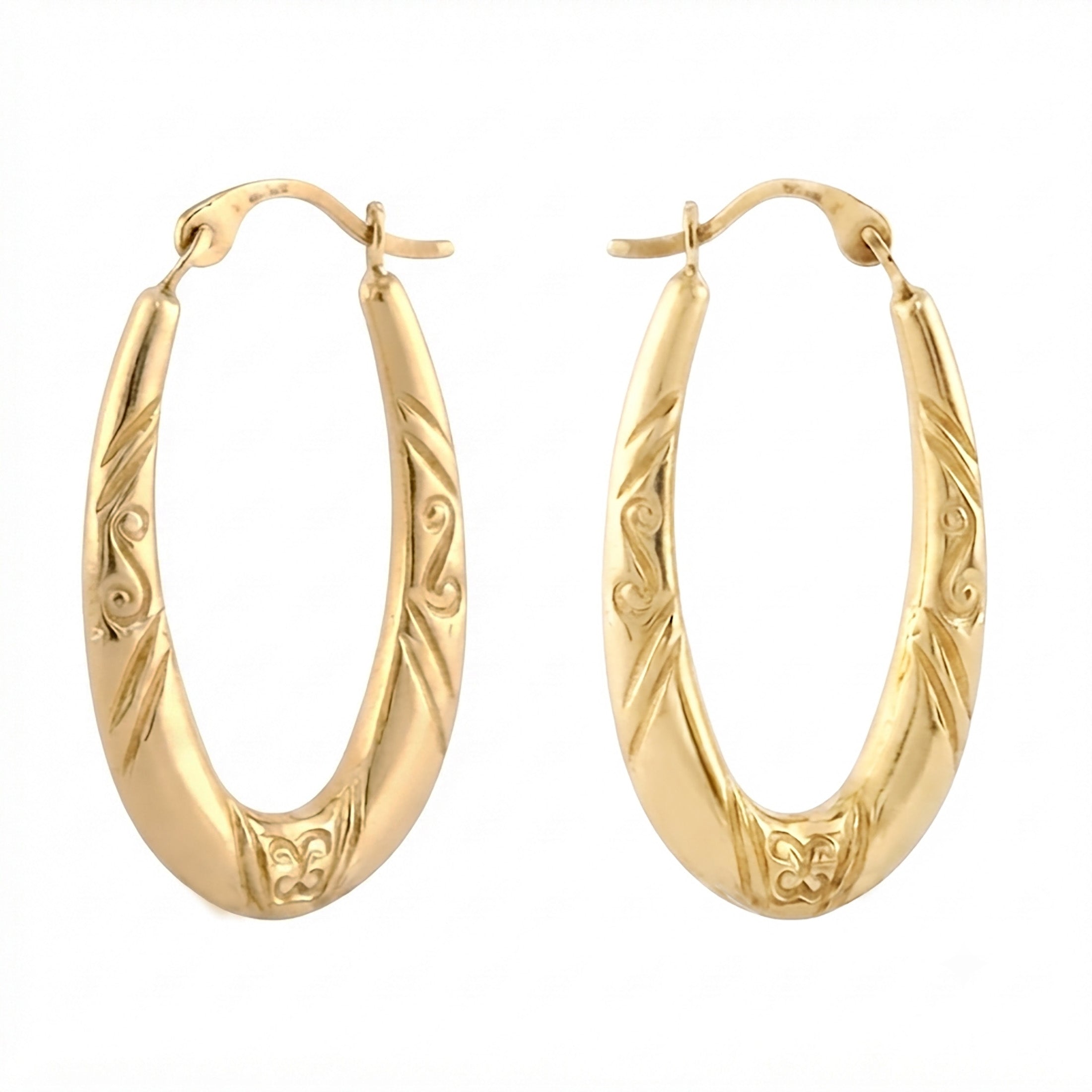Real 10K Yellow Gold Oval Hoop Earrings | Engraved Swirl Design | 23mm
