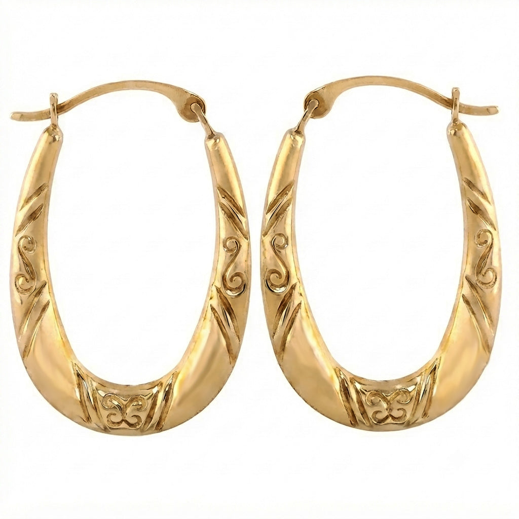 Real 10K Yellow Gold Oval Hoop Earrings | Engraved Swirl Design | 23mm