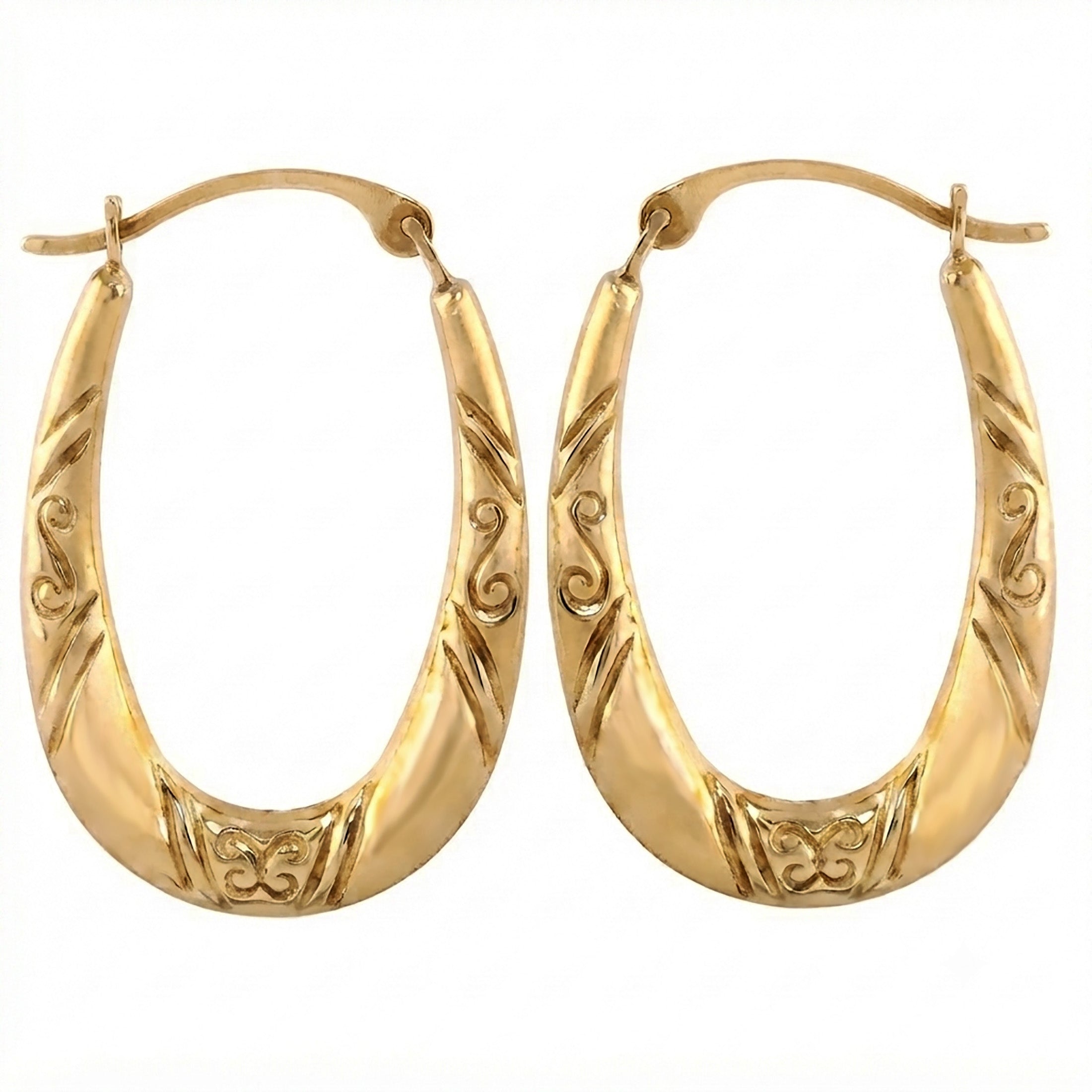 Real 10K Yellow Gold Oval Hoop Earrings | Engraved Swirl Design | 23mm