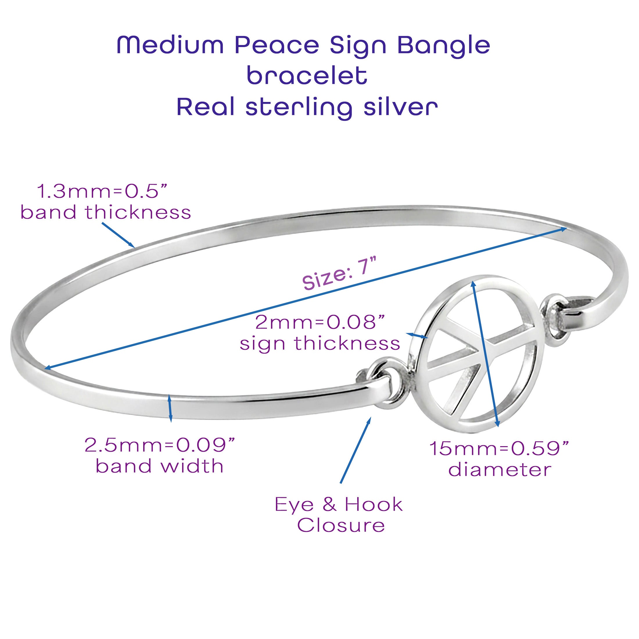 Peace Sign Bangle Bracelet | 925 Sterling Silver