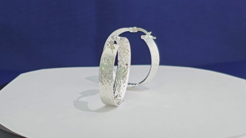 925 Sterling Silver Diamond Cut Semi Flat Hoop Earrings – 31mm Wide Sparkling Hoops