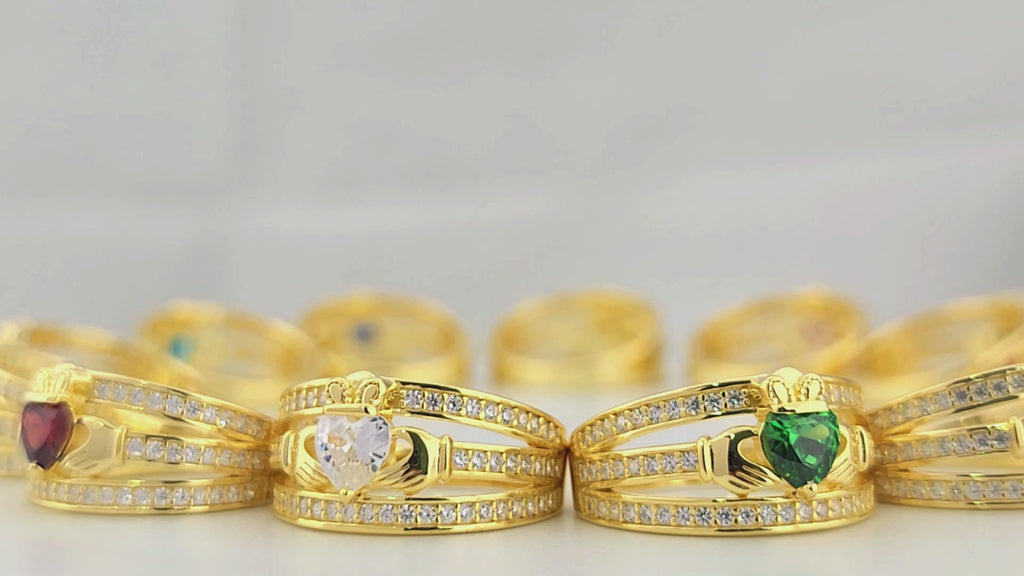 Claddagh Ring Birthstone - Irish Celtic Love and Friendship Ring Sterling Silver 925 Yellow Gold Overlay | - Sterling Silver 925
