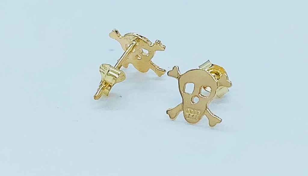 14K Yellow Gold Skull & Crossbones Stud Earrings - Gothic Post Earrings for Men & Women | - Sterling Silver 925
