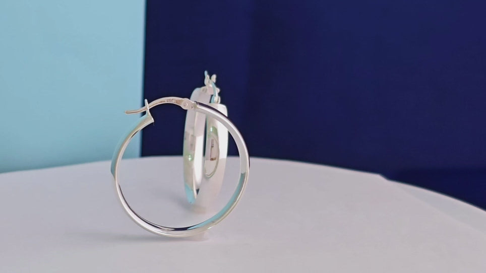 Classic 925 Sterling Silver Hoop Earrings – 30mm Semi Round Flat Tube