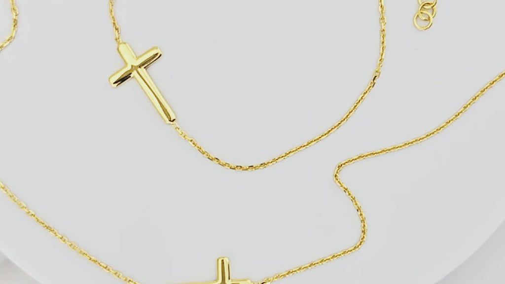 Sterling Silver or Gold Plated Sideways Cross Necklace & Bracelet Set