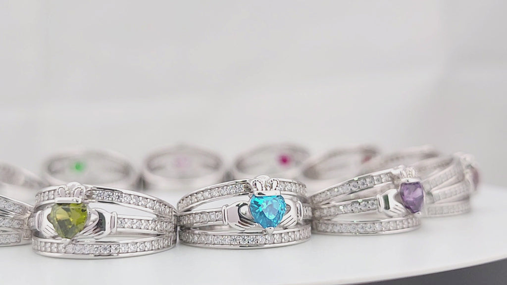 Claddagh Ring Birthstone - Irish Celtic Love and Friendship Ring Sterling Silver 925 Yellow Gold Overlay | - Sterling Silver 925