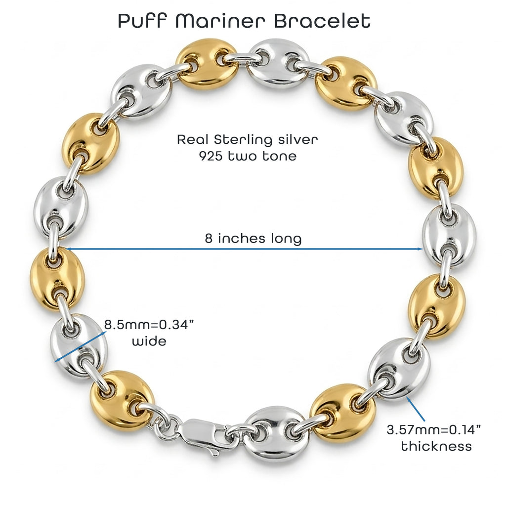 Puff Mariner Two Tone Bracelet - 925 Sterling Silver 8 Inch