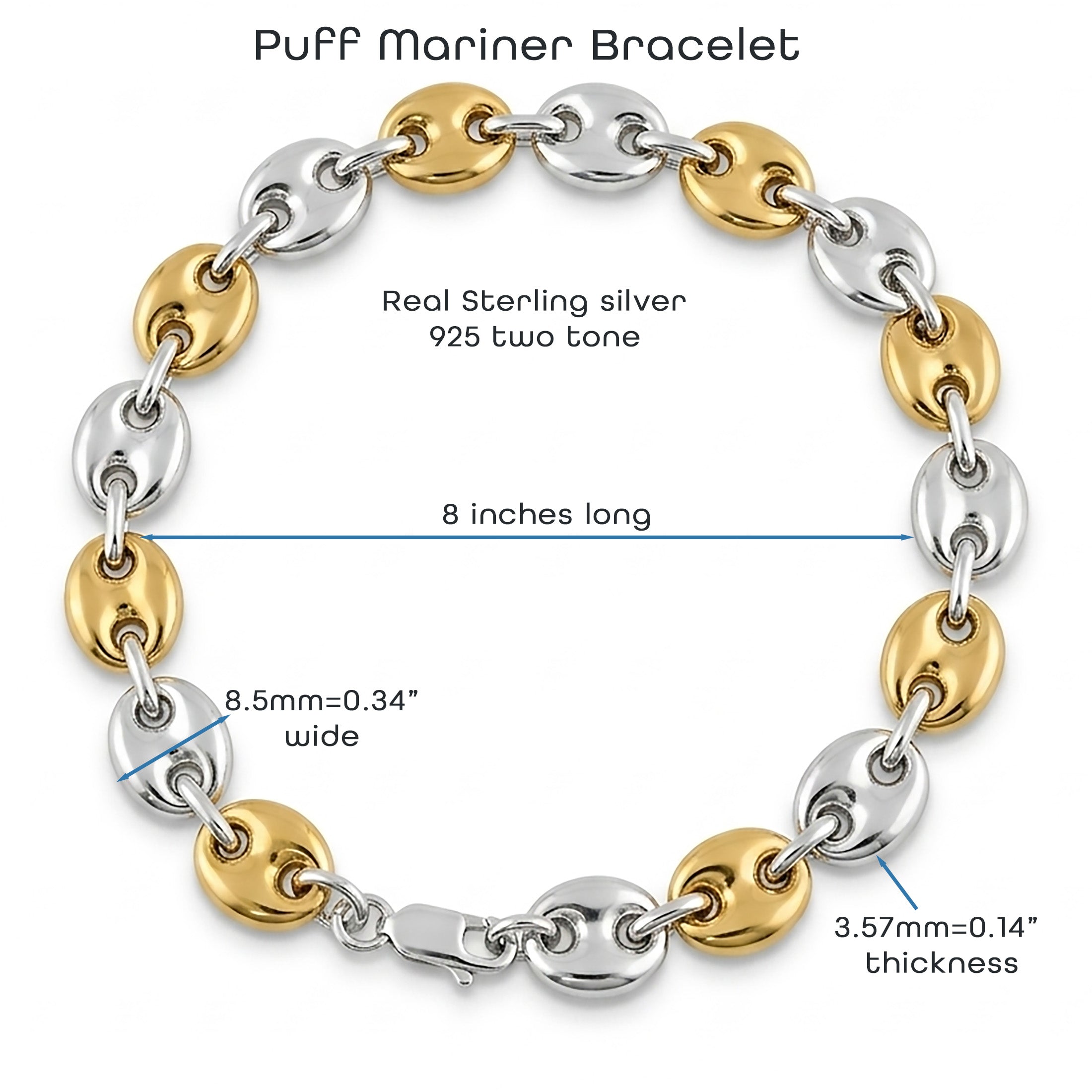 Puff Mariner Two Tone Bracelet - 925 Sterling Silver 8 Inch