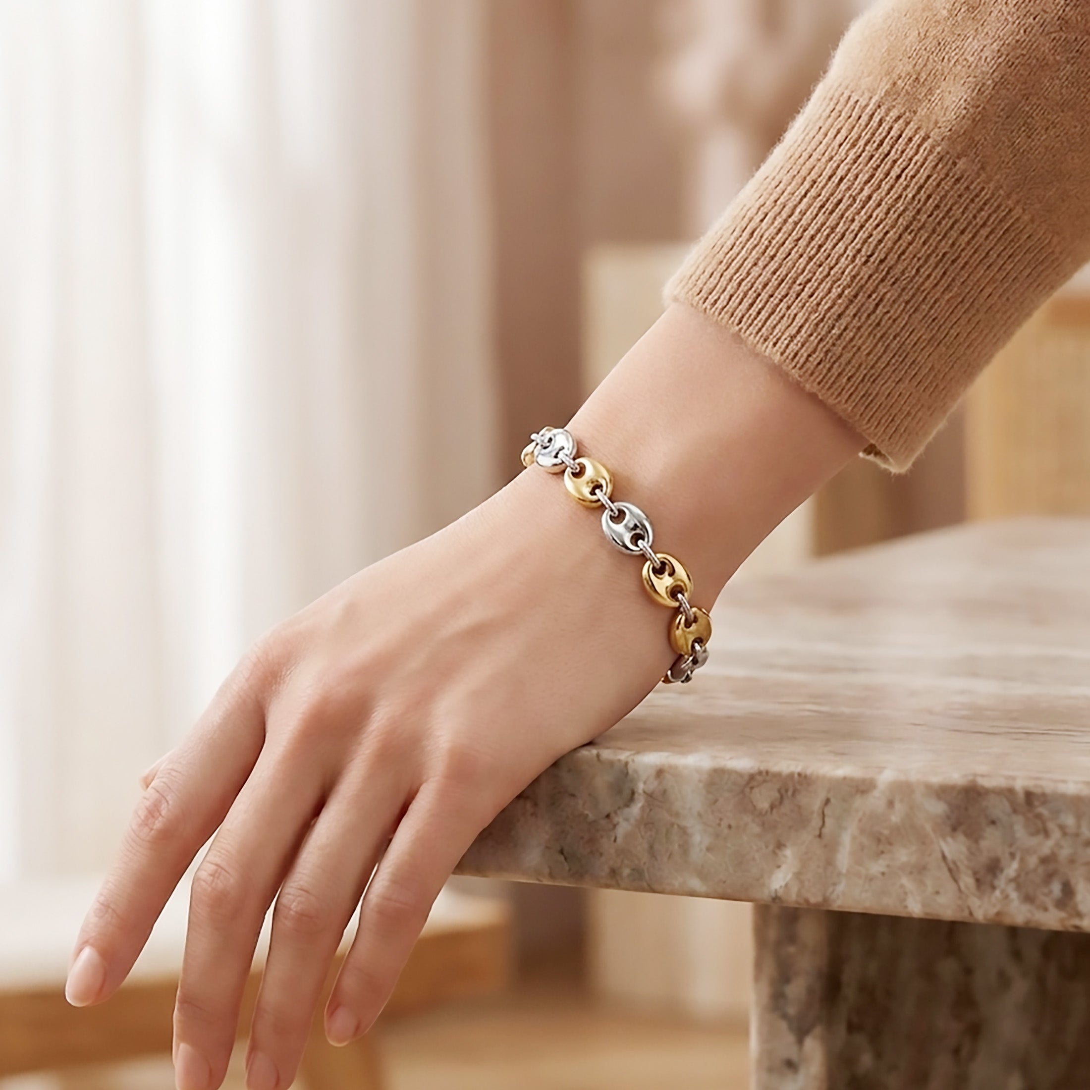 Puff Mariner Two Tone Bracelet - 925 Sterling Silver 8 Inch